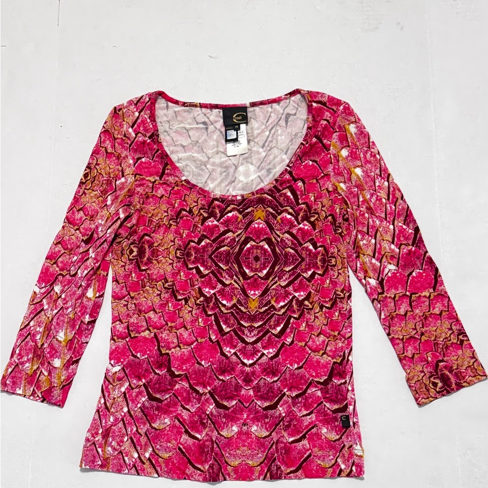 Just Cavalli Pink Godet Feather Pattern Long Sleeve Size Medium Blouse
